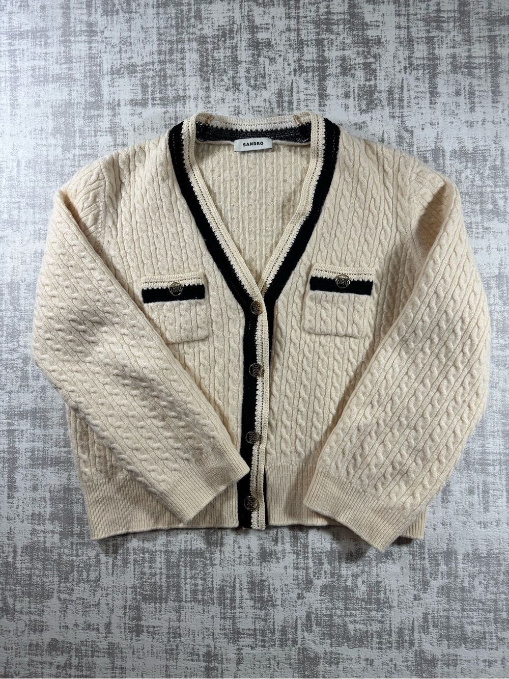 Sandro France Paris Cream Cable Knit Cardigan w/ Black Trim size 3, 19.5X20PTP